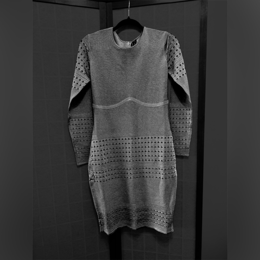 Guess by Marciano Silver Ribbed Long Sleeve Sweater Dress